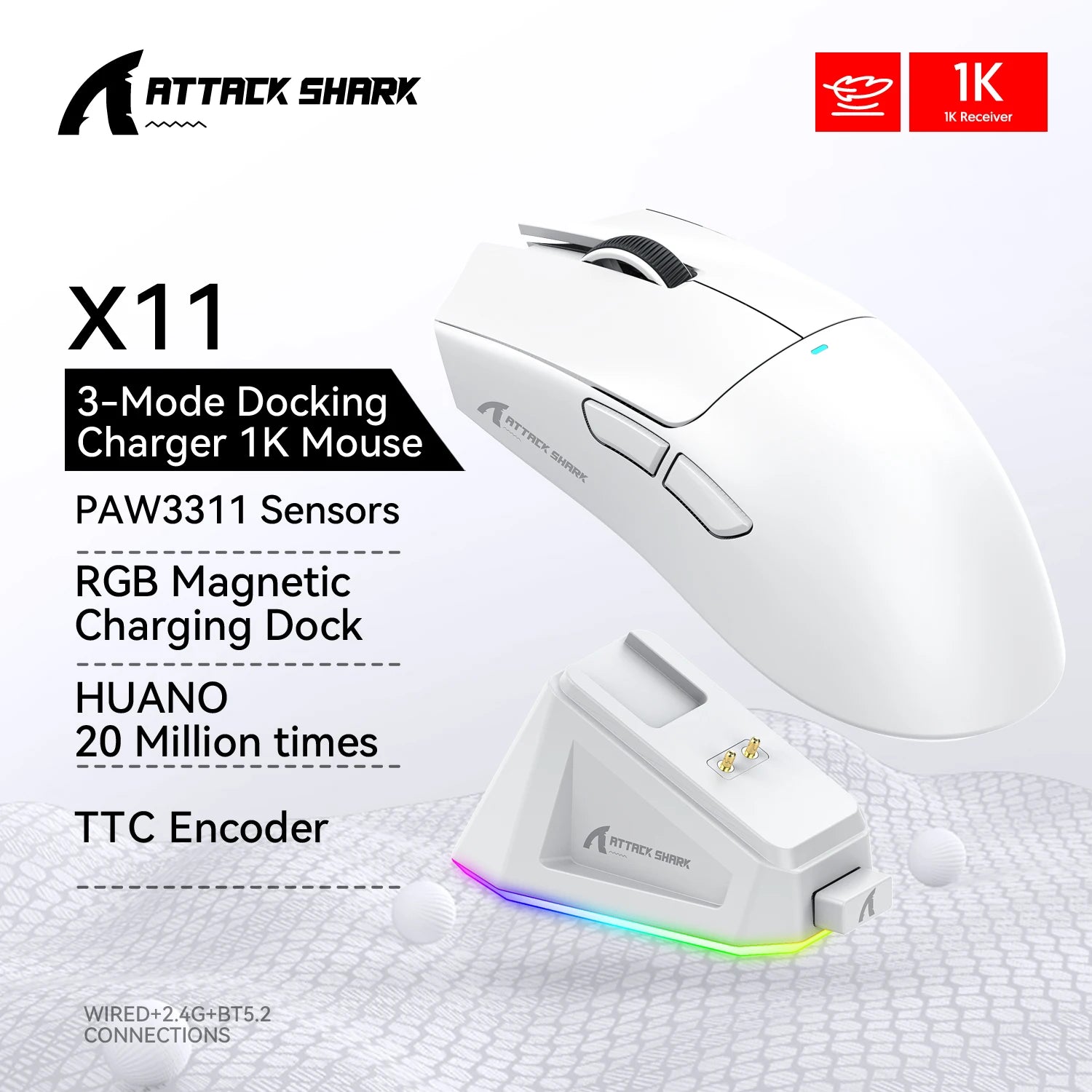 Attack Shark R1 Gaming Mouse - Dual-Mode Wireless/Wired, Adjustable DPI, Ultra-Light Ergonomic Design for Competitive Gamers