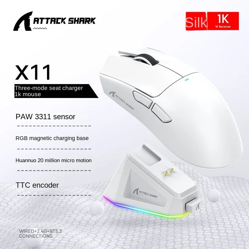 Attack Shark X11 Wireless Mouse,Tri-Mode Connection, PixArt PAW3311, Touch Magnetic Charging Base, Macro Gaming Mouse