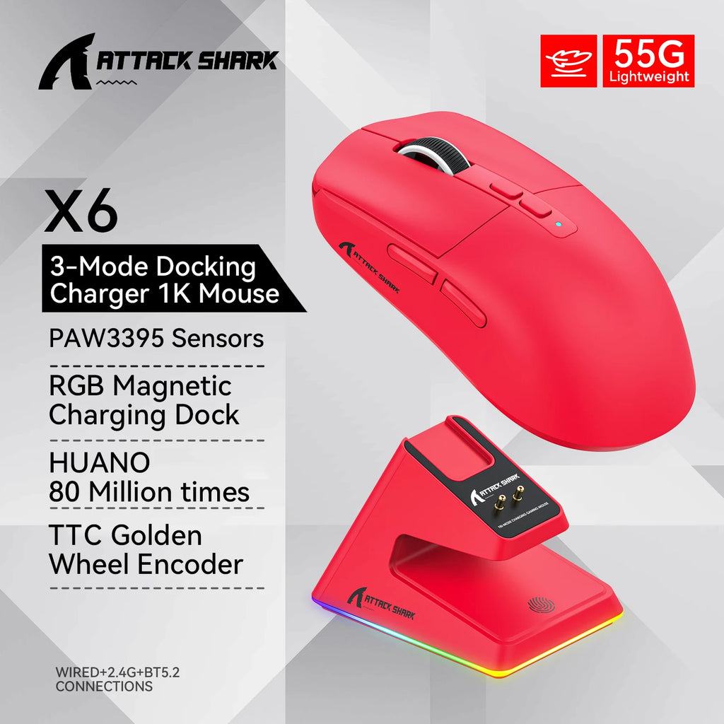 Attack Shark X6 PAW3395 Bluetooth Mouse,2.4 Tri-Mode Connection, RGB Touch Magnetic Charging Base, Macro Gaming Mouse