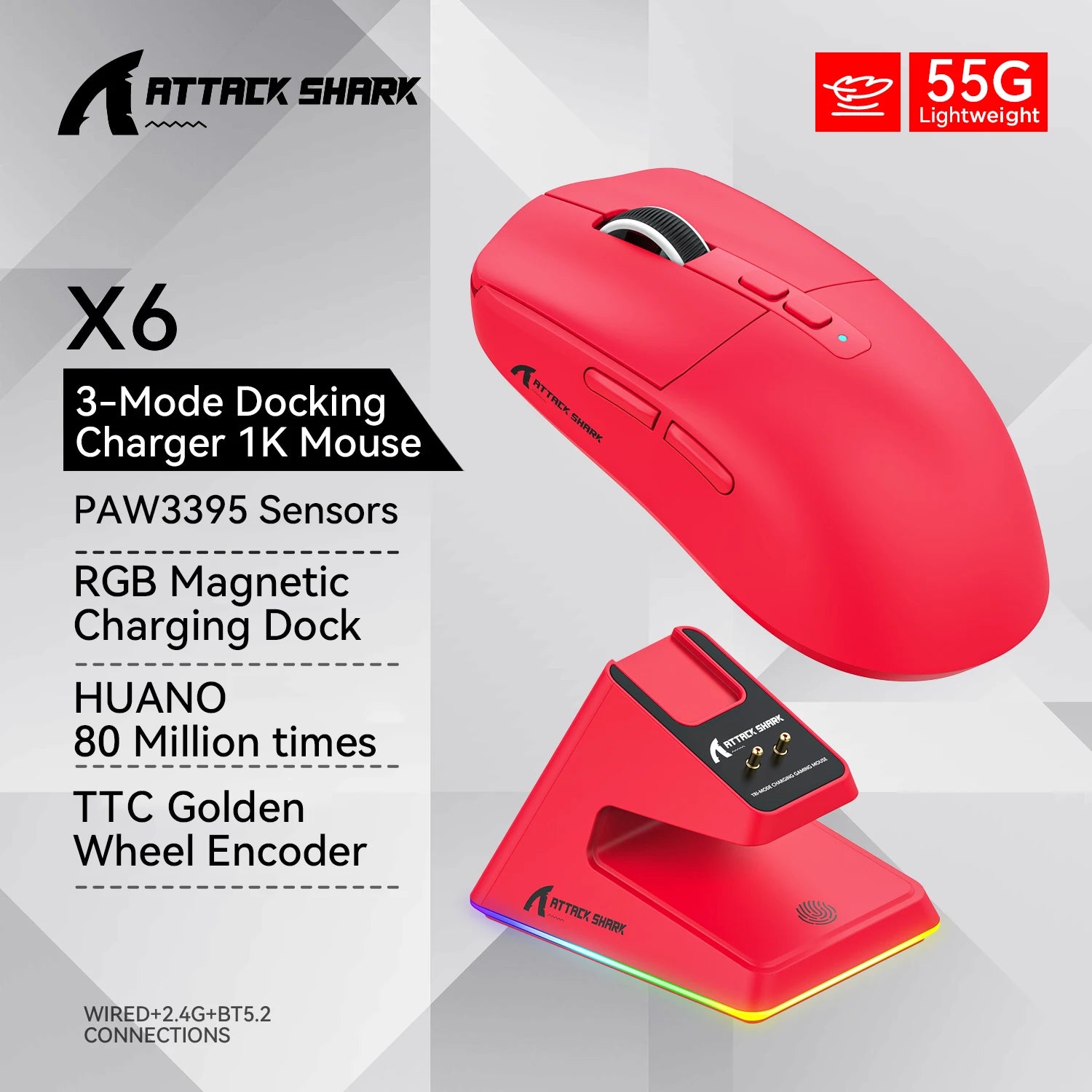 Attack Shark X6 PAW3395 Bluetooth Mouse,2.4 Tri-Mode Connection, RGB Touch Magnetic Charging Base, Macro Gaming Mouse