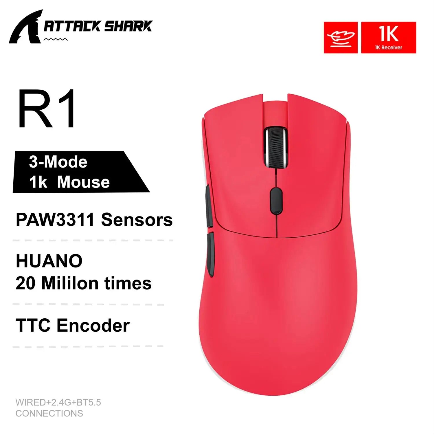 Attack Shark R1 Gaming Mouse - Dual-Mode Wireless/Wired, Adjustable DPI, Ultra-Light Ergonomic Design for Competitive Gamers