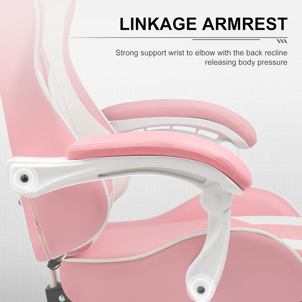 Gaming Chair, Computer Chair with Footrest and Lumbar Support, Height Adjustable Game Chair with 360°-Swivel Seat and Headrest and for Office or Gaming (Faux Leather, Pink)-4