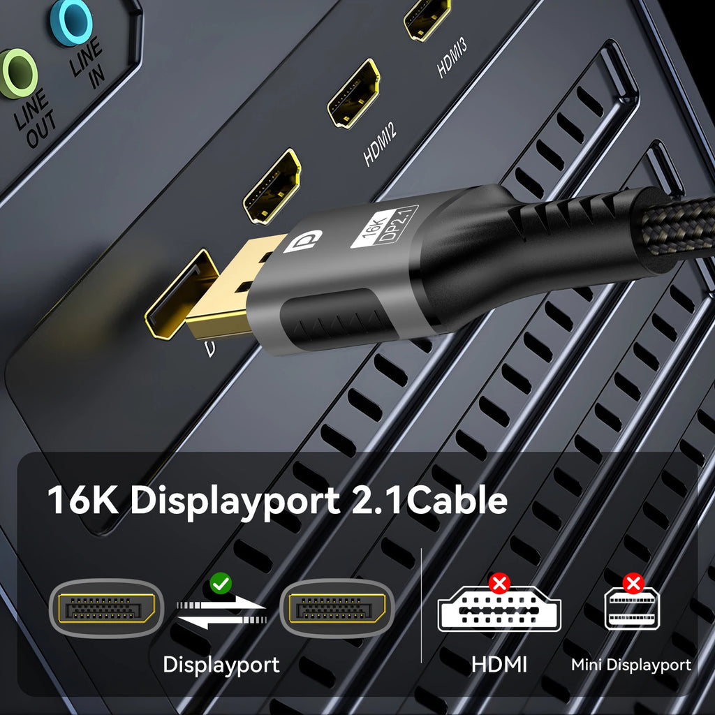 16K DP Cable 8K@120Hz/60Hz 4K@240Hz 80Gbps Displayport 2.1 HDR Video Audio Cable for Laptop Xbox Projector Gaming Monitor