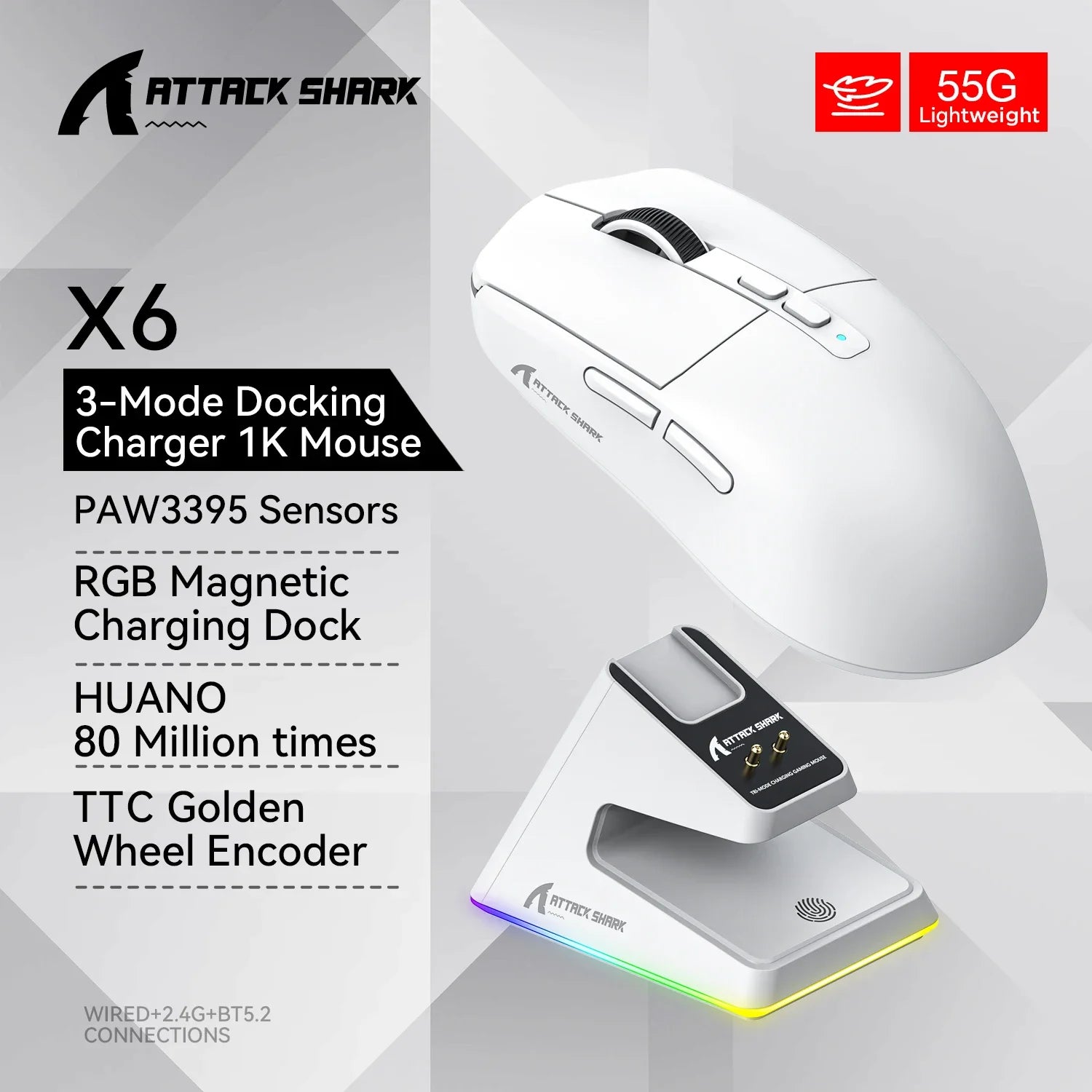 Attack Shark X6 PAW3395 Bluetooth Mouse,2.4 Tri-Mode Connection, RGB Touch Magnetic Charging Base, Macro Gaming Mouse