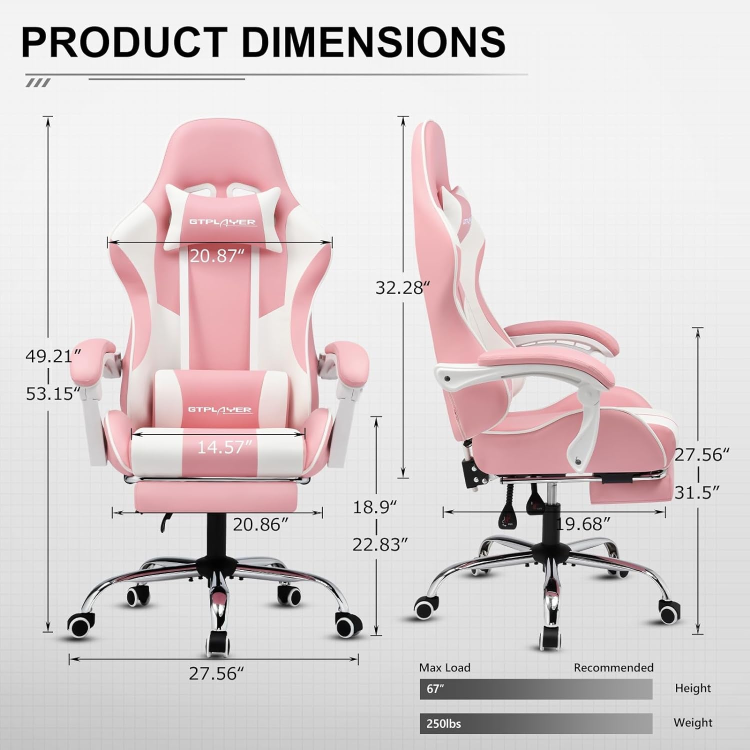 Gaming Chair, Computer Chair with Footrest and Lumbar Support, Height Adjustable Game Chair with 360°-Swivel Seat and Headrest and for Office or Gaming (Faux Leather, Pink)-2