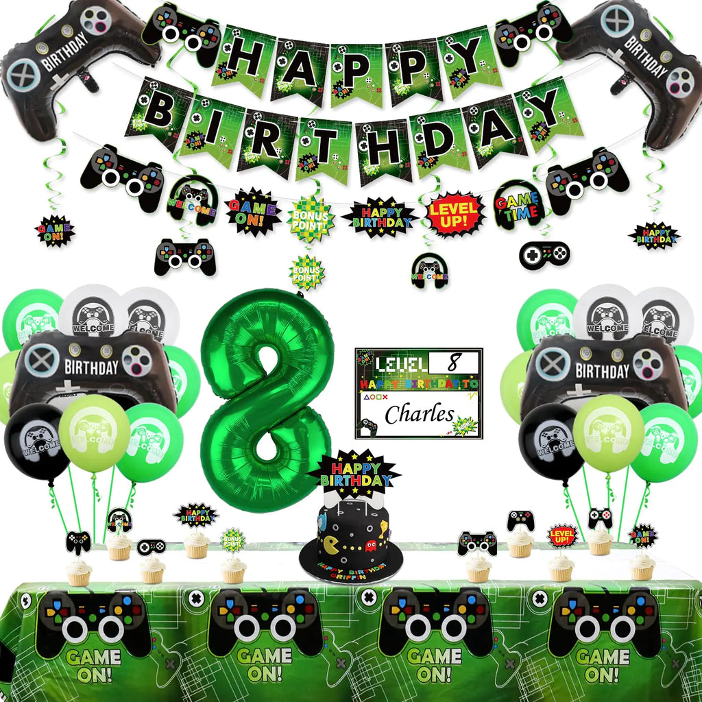 Video Game Party Decorations - 8th Birthday Decorations for Boys HAPPY BIRTHDAY Banner Video Game Tablecloth Gaming Pattern Balloons Controller Balloons Gaming Hanging Sign Gaming Birthday Party