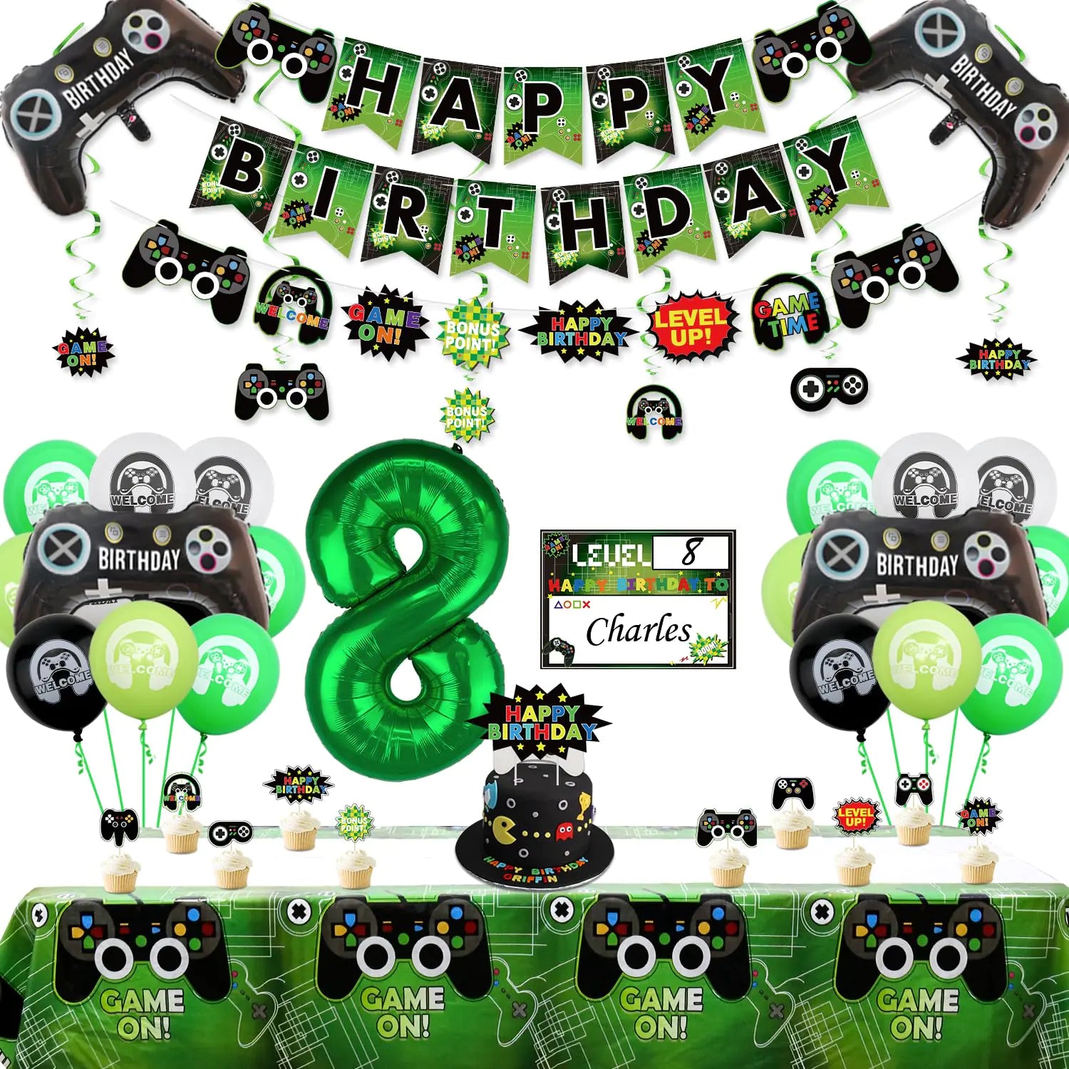 Video Game Party Decorations - 8th Birthday Decorations for Boys HAPPY BIRTHDAY Banner Video Game Tablecloth Gaming Pattern Balloons Controller Balloons Gaming Hanging Sign Gaming Birthday Party