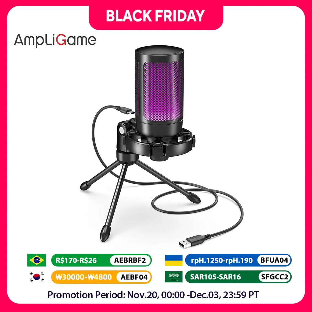 AmpliGame by FIFINE RGB USB Gaming Microphone with Light-touch Mute,Condenser Mic with Tripod for PC,PS4/5,Laptop Streaming-A2