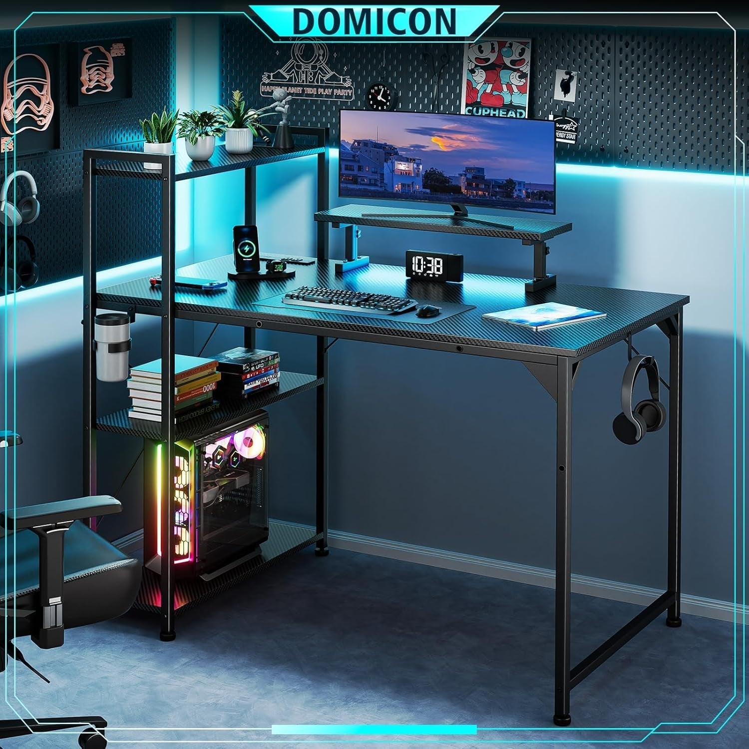 55 Inch Gaming Desk With LED Lights And Shelves-2