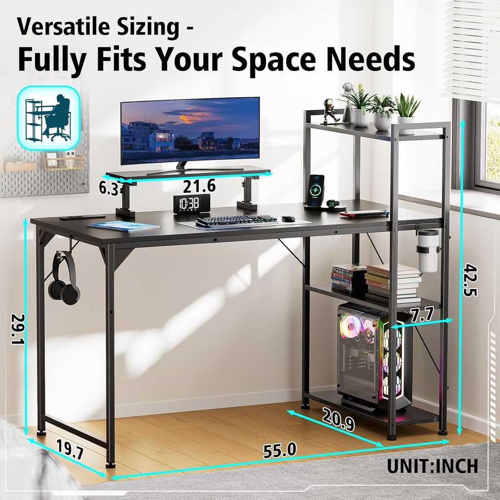 55 Inch Gaming Desk With LED Lights And Shelves-1