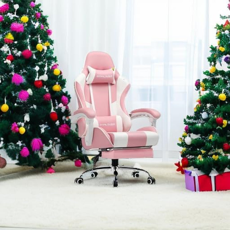 Gaming Chair, Computer Chair with Footrest and Lumbar Support, Height Adjustable Game Chair with 360°-Swivel Seat and Headrest and for Office or Gaming (Faux Leather, Pink)-1
