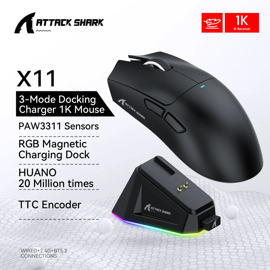 Attack Shark X11 Tri Mode Bluetooth Wireless Mouse With Charger Base Rgb Ergonomics Mice Lightweight Pc Gamer Accessories