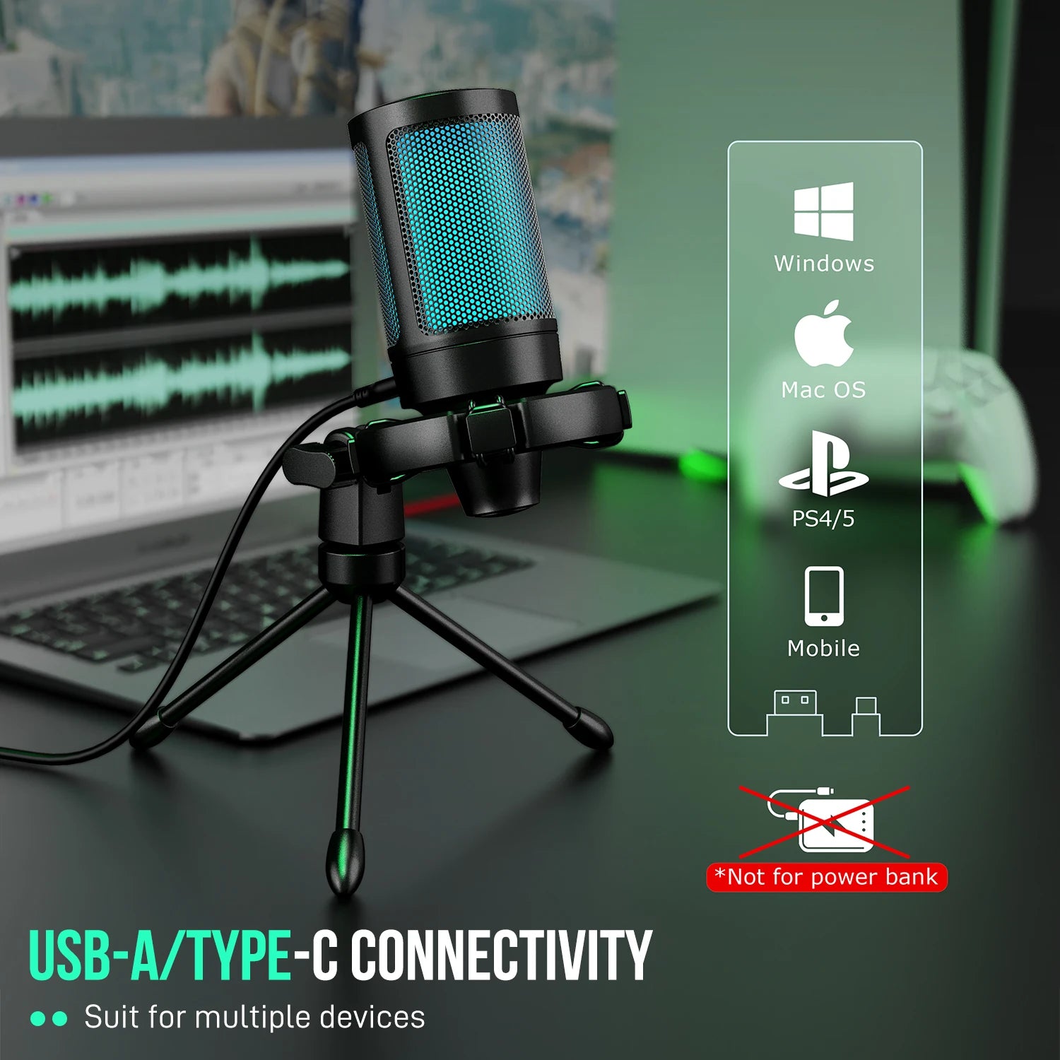 AmpliGame by FIFINE RGB USB Gaming Microphone with Light-touch Mute,Condenser Mic with Tripod for PC,PS4/5,Laptop Streaming-A2