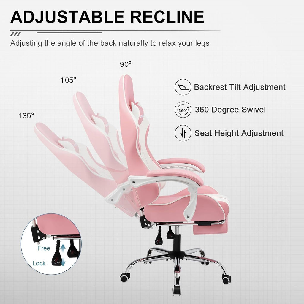 Gaming Chair, Computer Chair with Footrest and Lumbar Support, Height Adjustable Game Chair with 360°-Swivel Seat and Headrest and for Office or Gaming (Faux Leather, Pink)-3