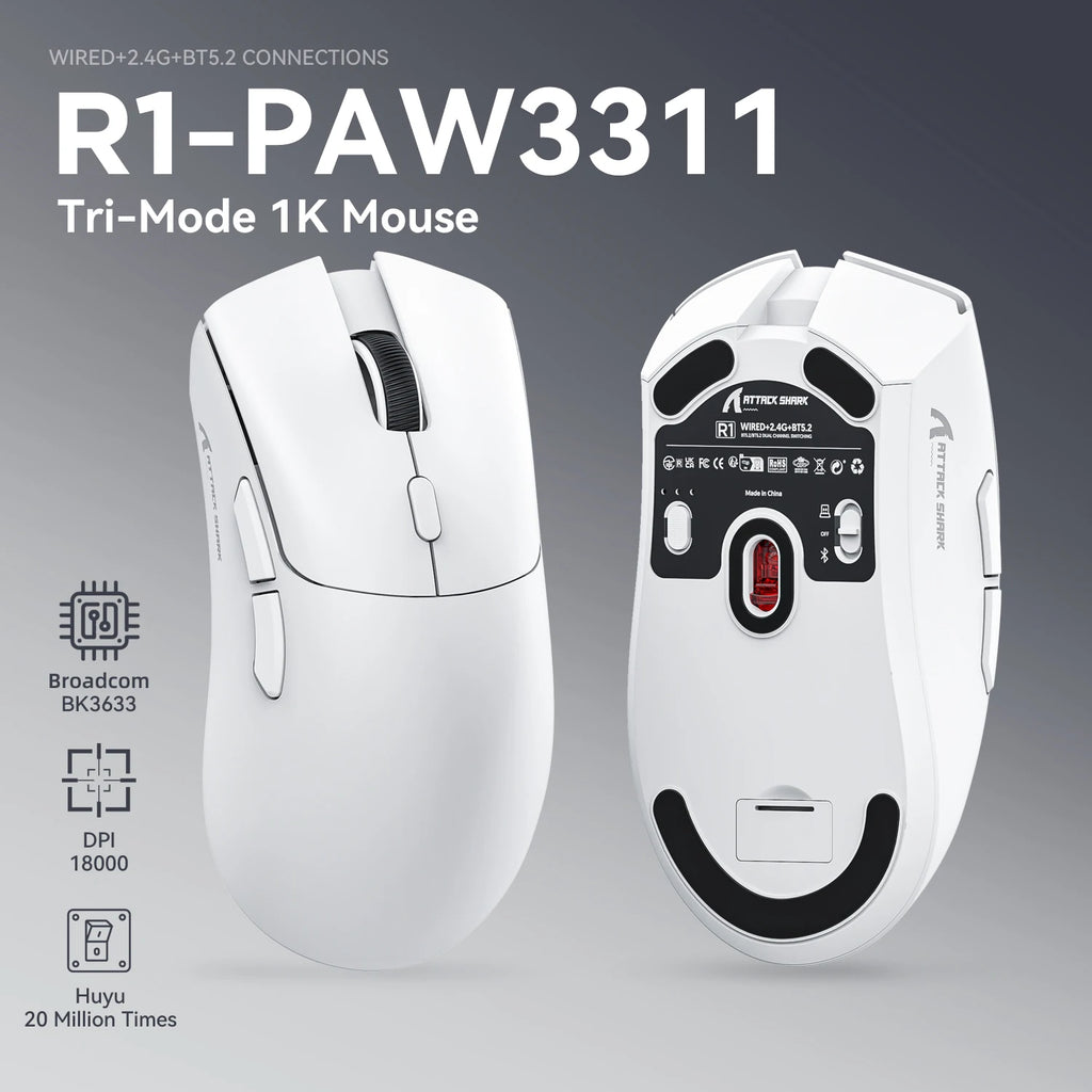 R1 Wireless Gaming Mouse, 18000dpi,1000Hz, Tri-mode Connection, PAW3311,Macro Mouse