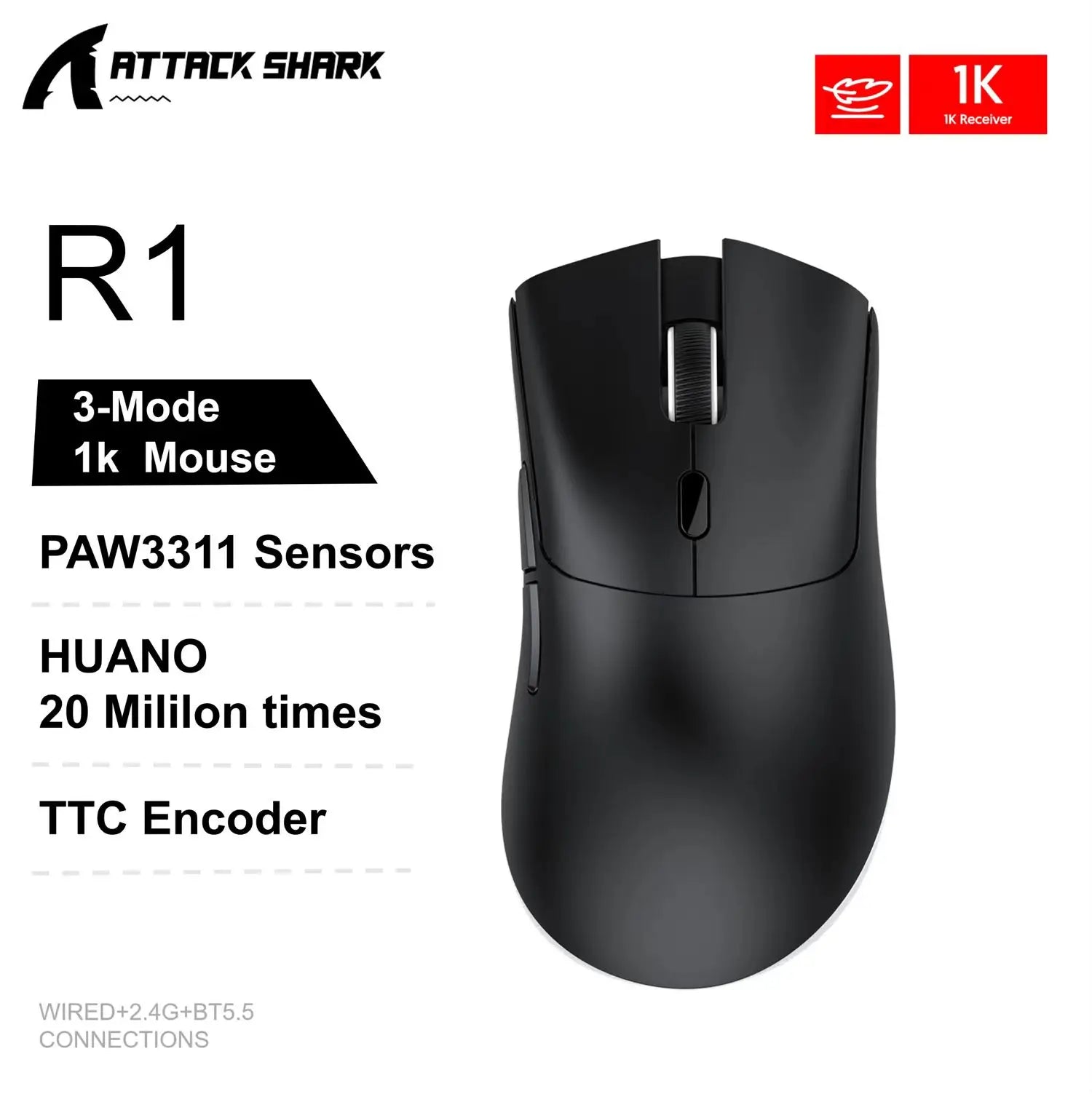 Attack Shark R1 Gaming Mouse - Dual-Mode Wireless/Wired, Adjustable DPI, Ultra-Light Ergonomic Design for Competitive Gamers