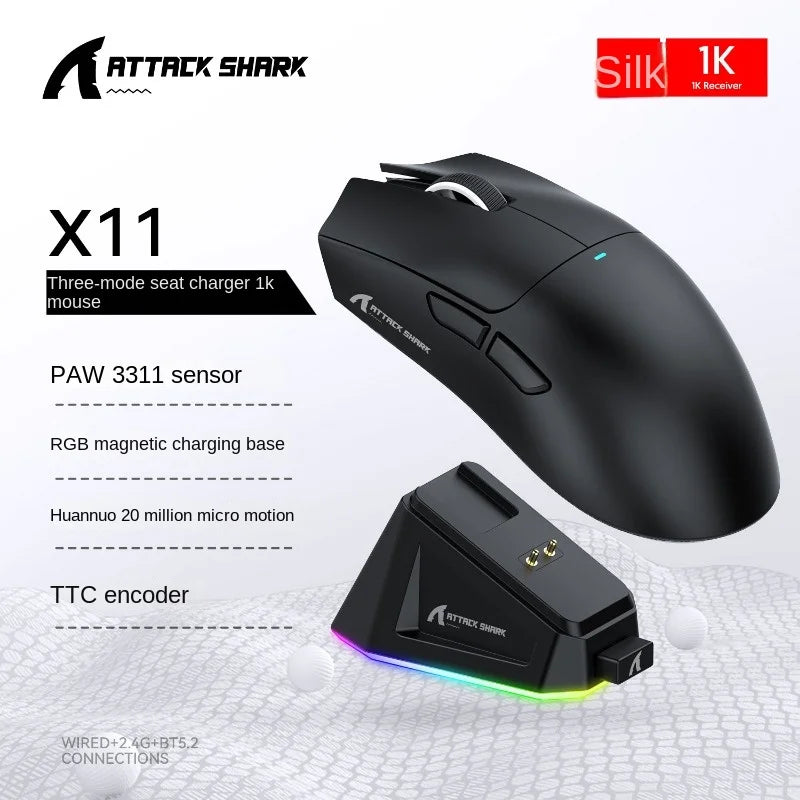 Attack Shark X11 Wireless Gaming Mouse: 3-Mode (2.4GHz/Wired/Bluetooth), PAW3311, 22000DPI, 400IPS, PC Gaming Mouse