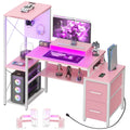 Small Gaming Desk with 2 Fabric Drawers - Reversible Computer Desk with Power Outlet & LED Lights 49" Office Desk with Monitor Stand & Storage Shelves Writing Study Table with Pegboard Pink