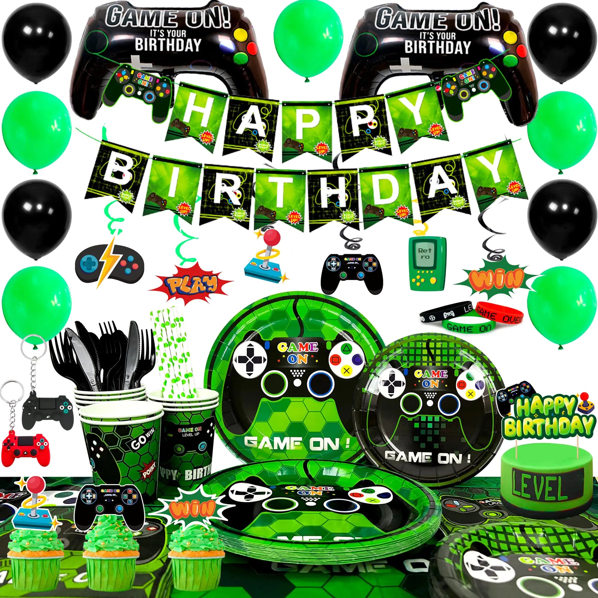 Gaming Birthday Party Supplies for Boys194pcs Video Game Party Decorations&Tableware Set - Gaming Decorations Plates Cups Tablecloth Balloons Banner Cake Topper etc Game On Birthday Party Supplies