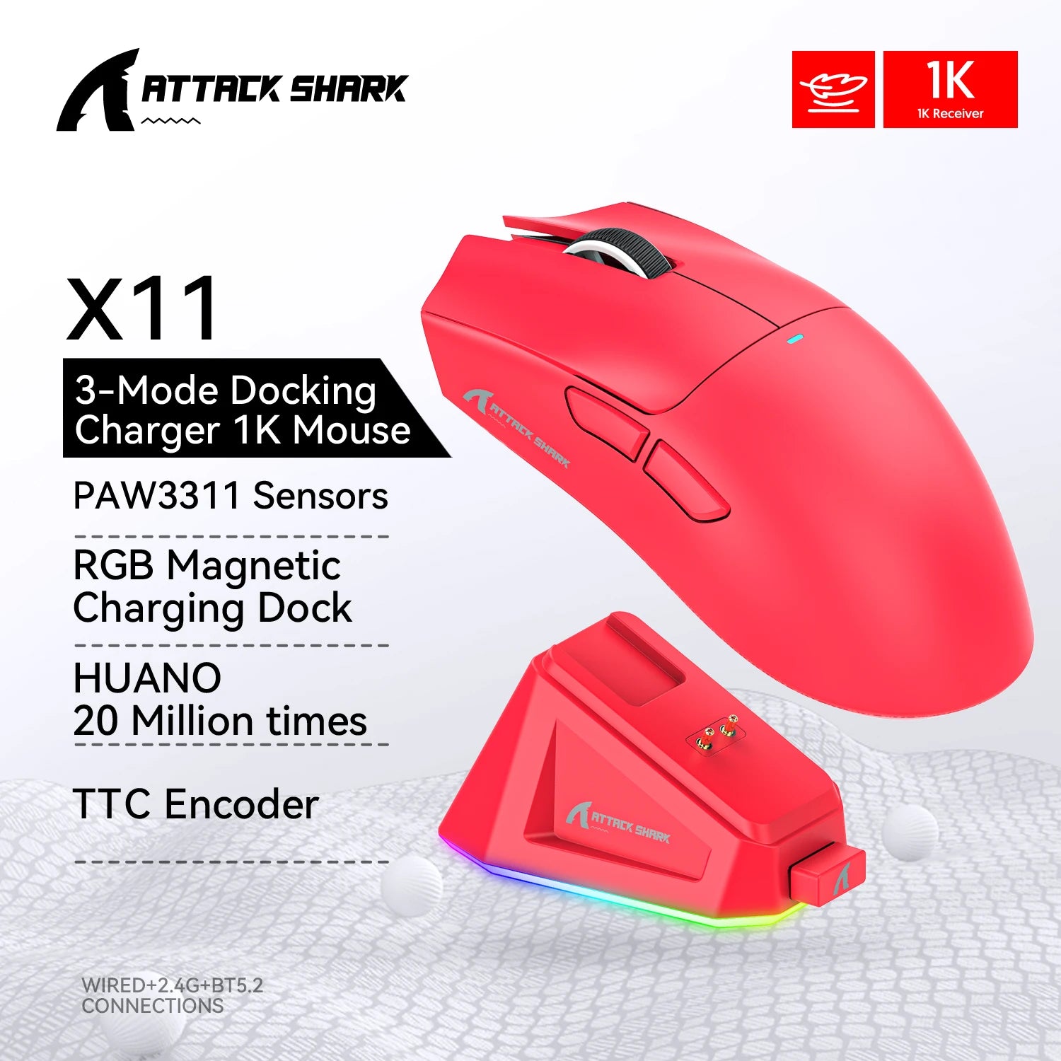 Attack Shark R1 Gaming Mouse - Dual-Mode Wireless/Wired, Adjustable DPI, Ultra-Light Ergonomic Design for Competitive Gamers