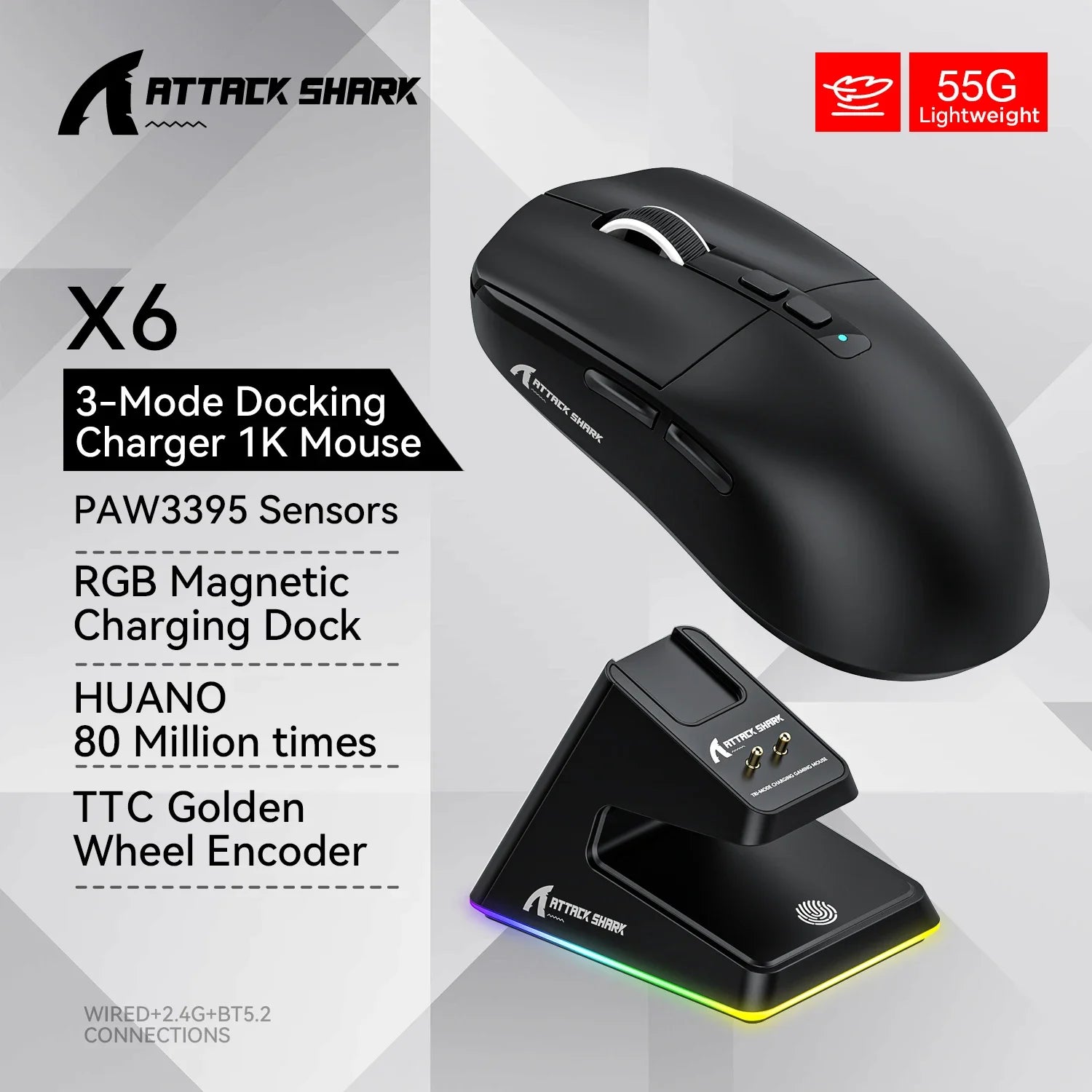 Attack Shark X6 PAW3395 Bluetooth Mouse,2.4 Tri-Mode Connection, RGB Touch Magnetic Charging Base, Macro Gaming Mouse