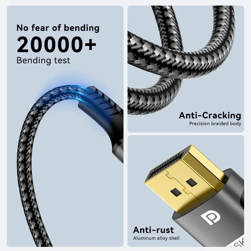 For Laptop TV Xbox Projector Gaming Monitor 16K DP 2.1 8K@120Hz 4K@240Hz 80Gbps HDR Video Audio Displayport Cable Display Port