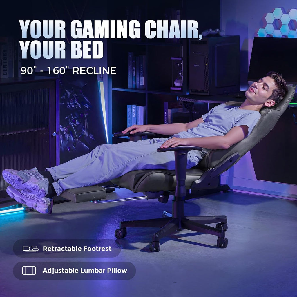 Gaming Chair with Footrest, Racing Style Computer Chair for Adult, Adjustable Reclining Backrest and Lumbar Support, Stylish High Back Chair for Gaming and Office (Dark Grey)-3