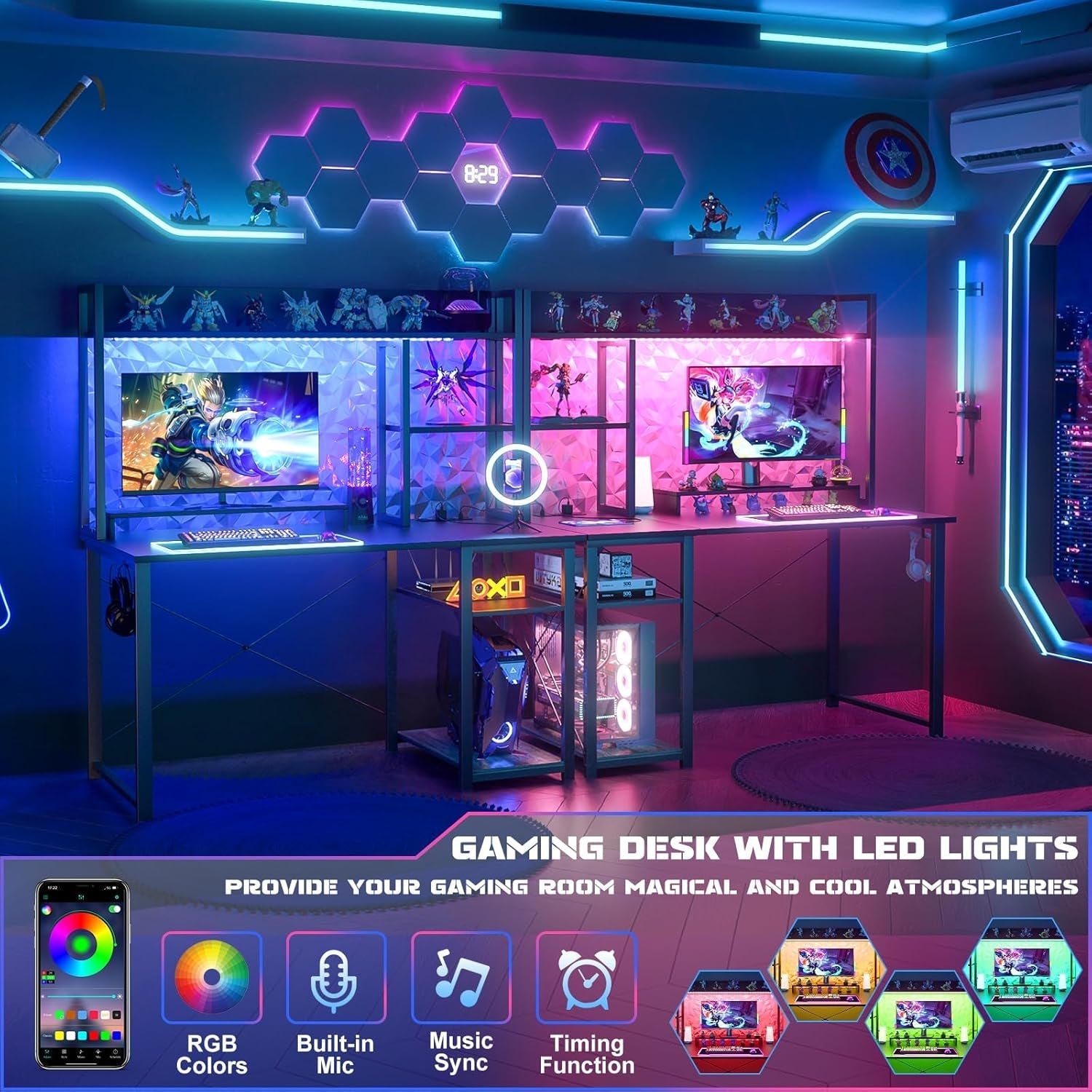 Compact Gaming Desk with LED Lights and Storage Shelves-2