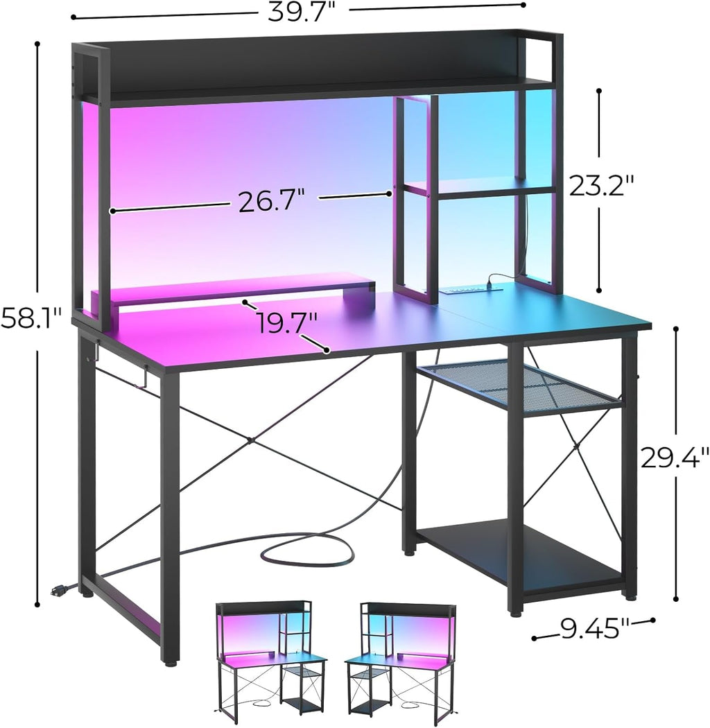Compact Gaming Desk with LED Lights and Storage Shelves-1