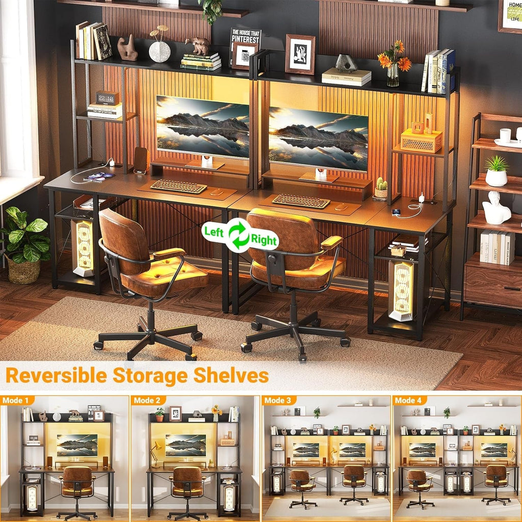 Compact Gaming Desk with LED Lights and Storage Shelves-3