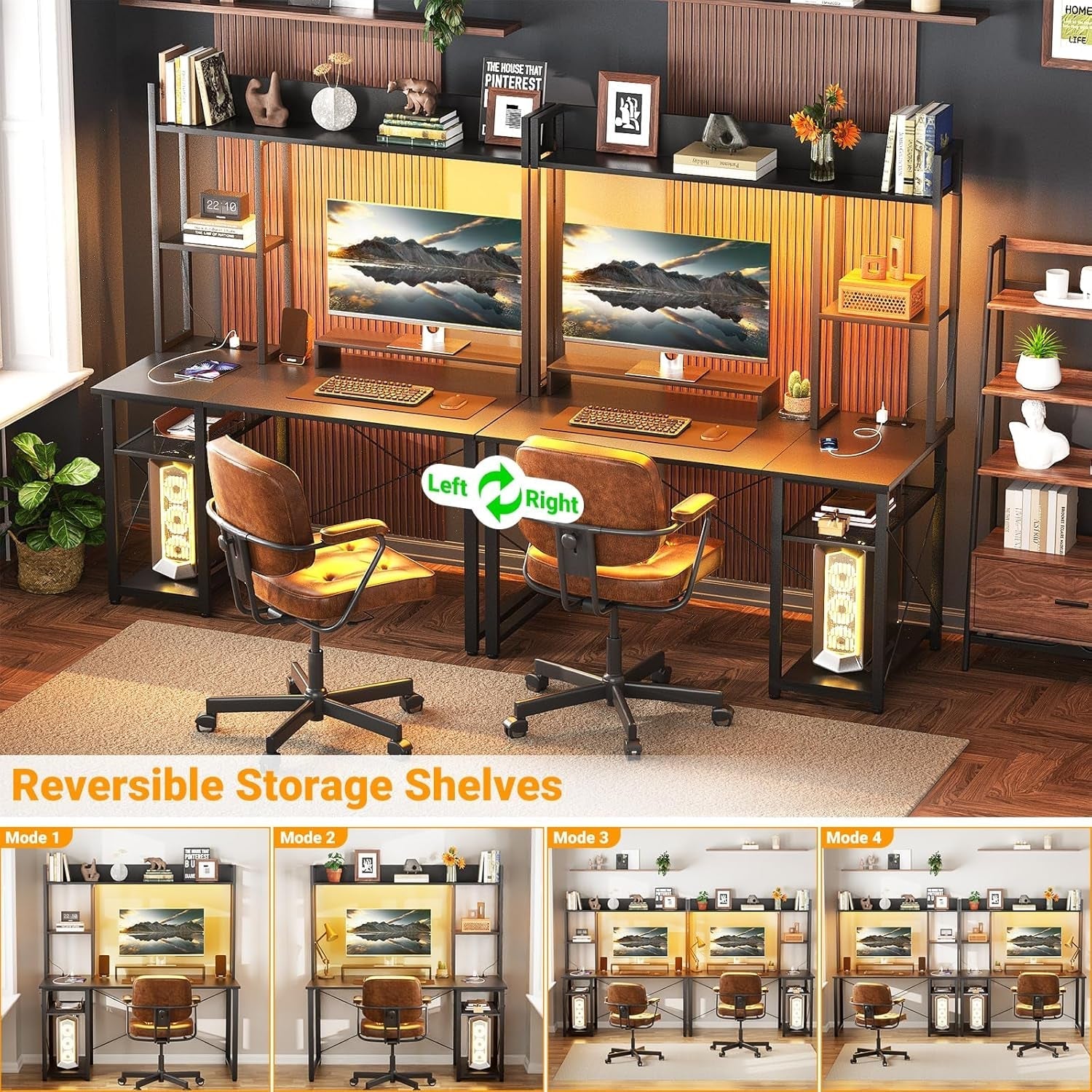 Compact Gaming Desk with LED Lights and Storage Shelves-3