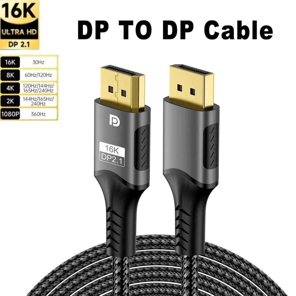 16K DP 2.1 Displayport Cable 16K 30Hz 8K 60Hz 4K 120Hz 32Gbps Video Audio Cable Display Port 1.2 Adapter for Laptop HDTV PC