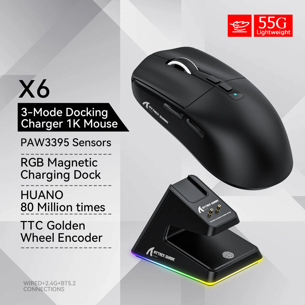 ATTACK SHARK X6 Mouse,PAW3395 Bluetooth Tri-Mode Connection,RGB Touch Magnetic Charging Base,Macro Gaming Mouse