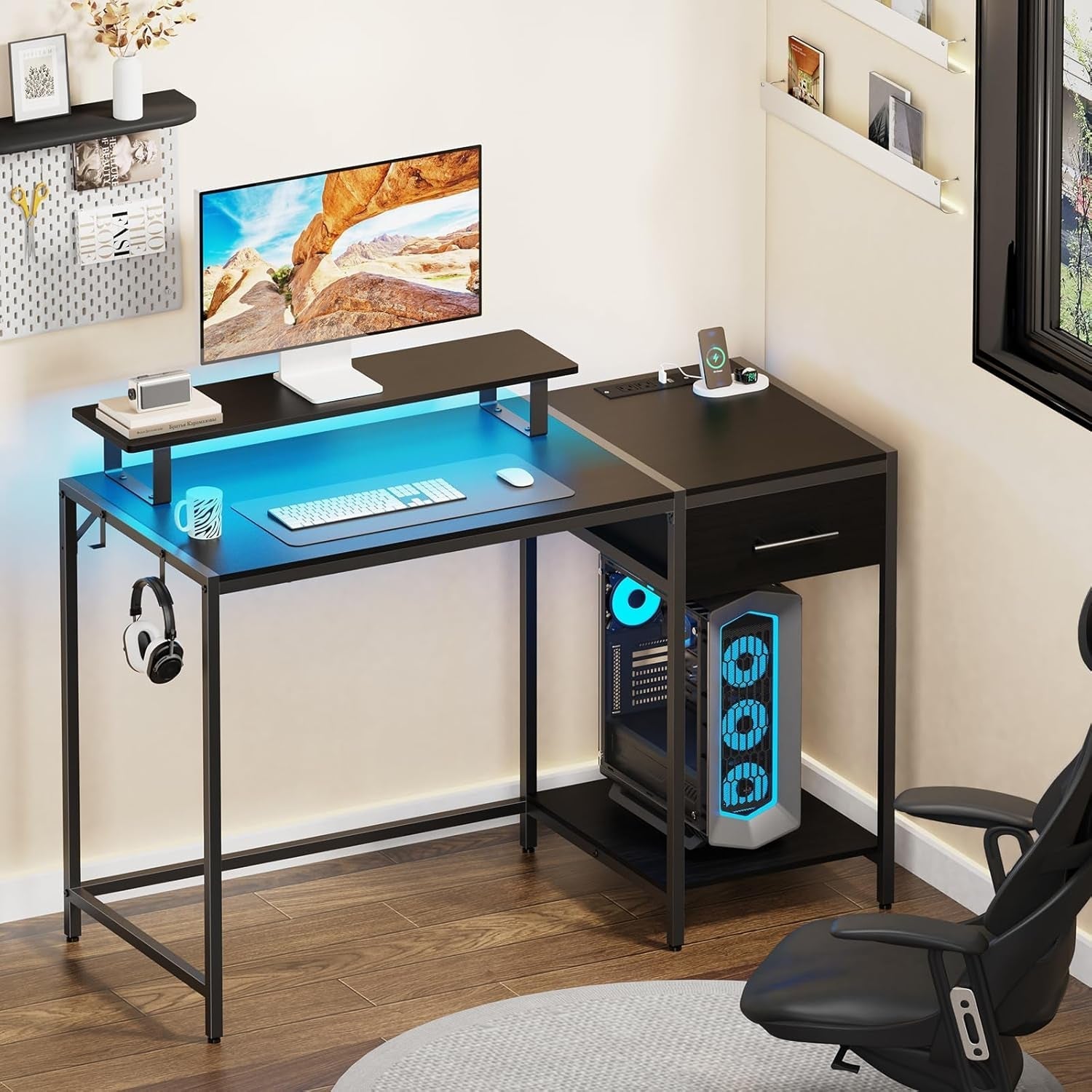 Gaming Desk With LED Lights Power Outlet And Drawers-3