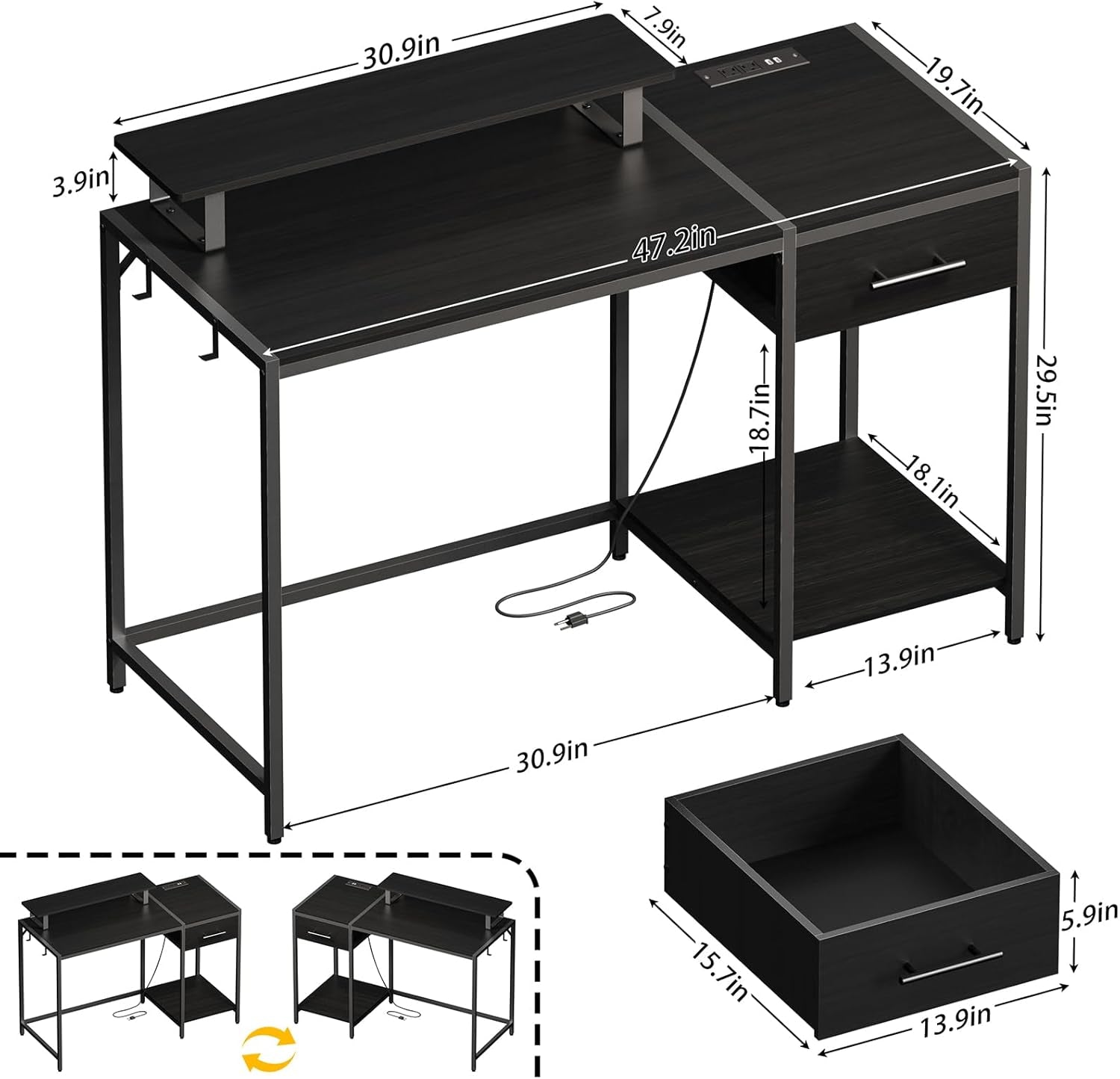 Gaming Desk With LED Lights Power Outlet And Drawers-2