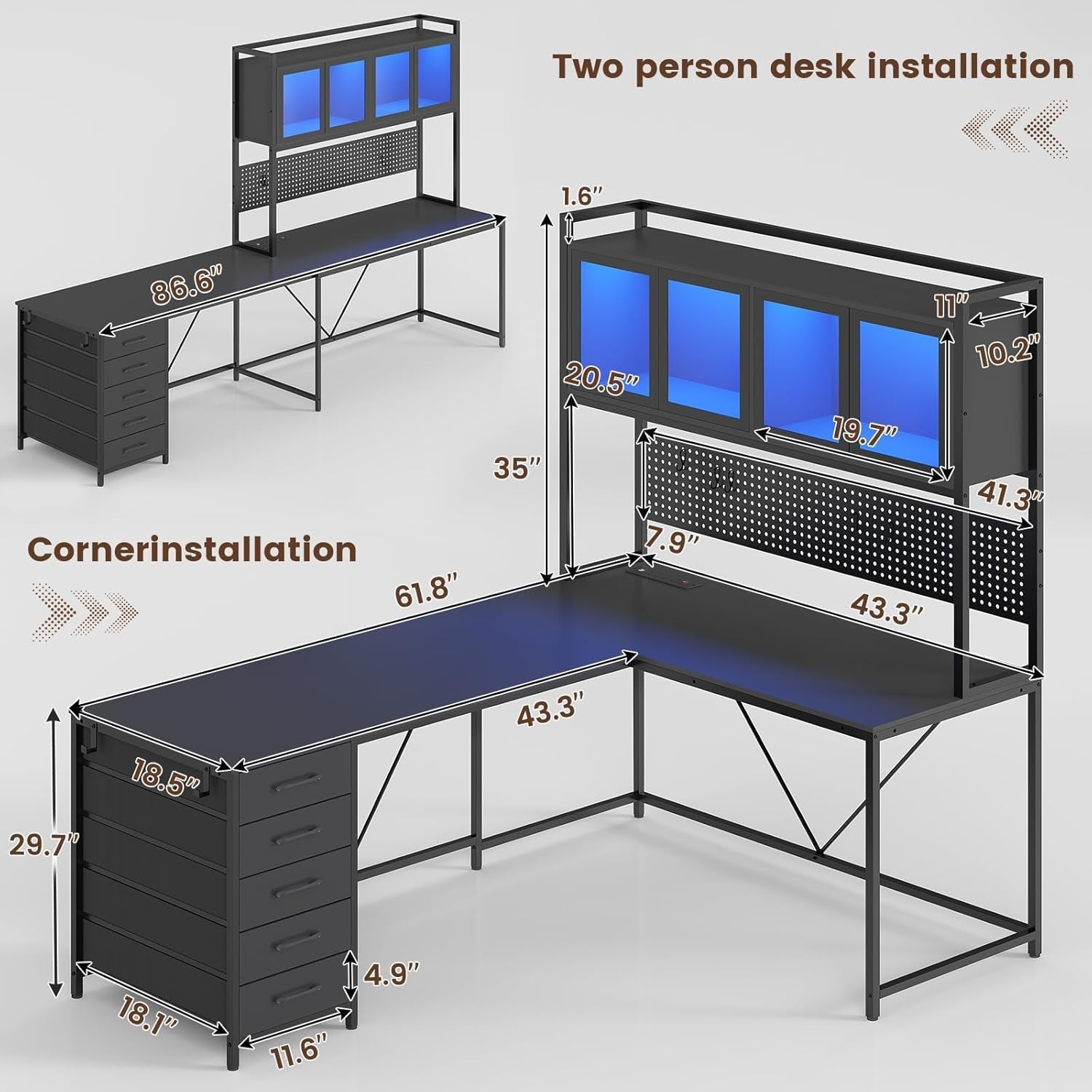 L Shaped Gaming Desk with Storage Drawers and Lights-2