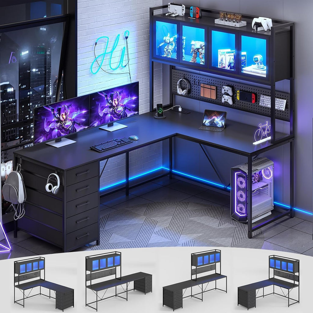 L Shaped Gaming Desk with Storage Drawers and Lights-0
